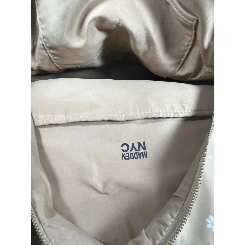 Madden NYC Tan Daisy Heart Print Nylon Backpack Gold Chain Detail Floral Bag
